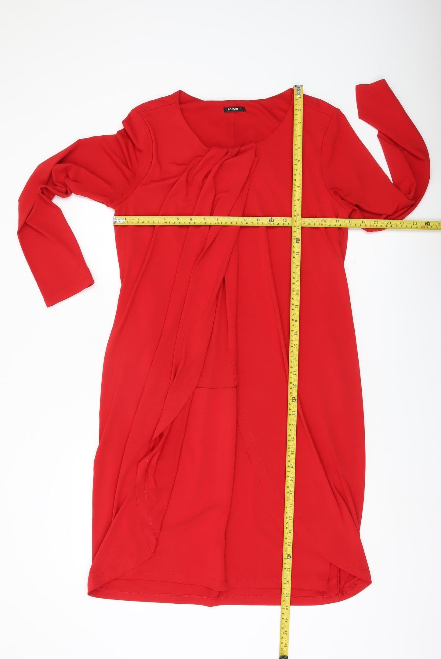 Roman Women's Red Shift Dress Size 14 Knee Length Long Sleeve