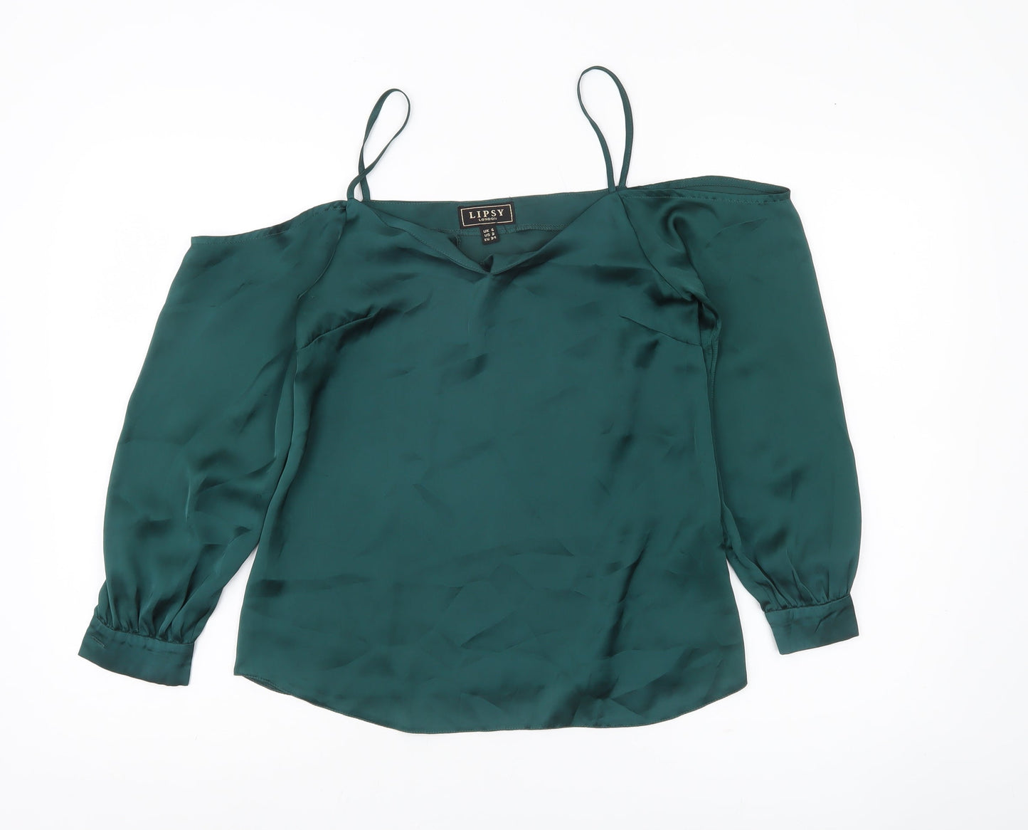 Lipsy Women Green UK 6 Cold Shoulder Satin Blouse V-Neck