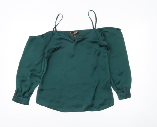 Lipsy Women Green UK 6 Cold Shoulder Satin Blouse V-Neck