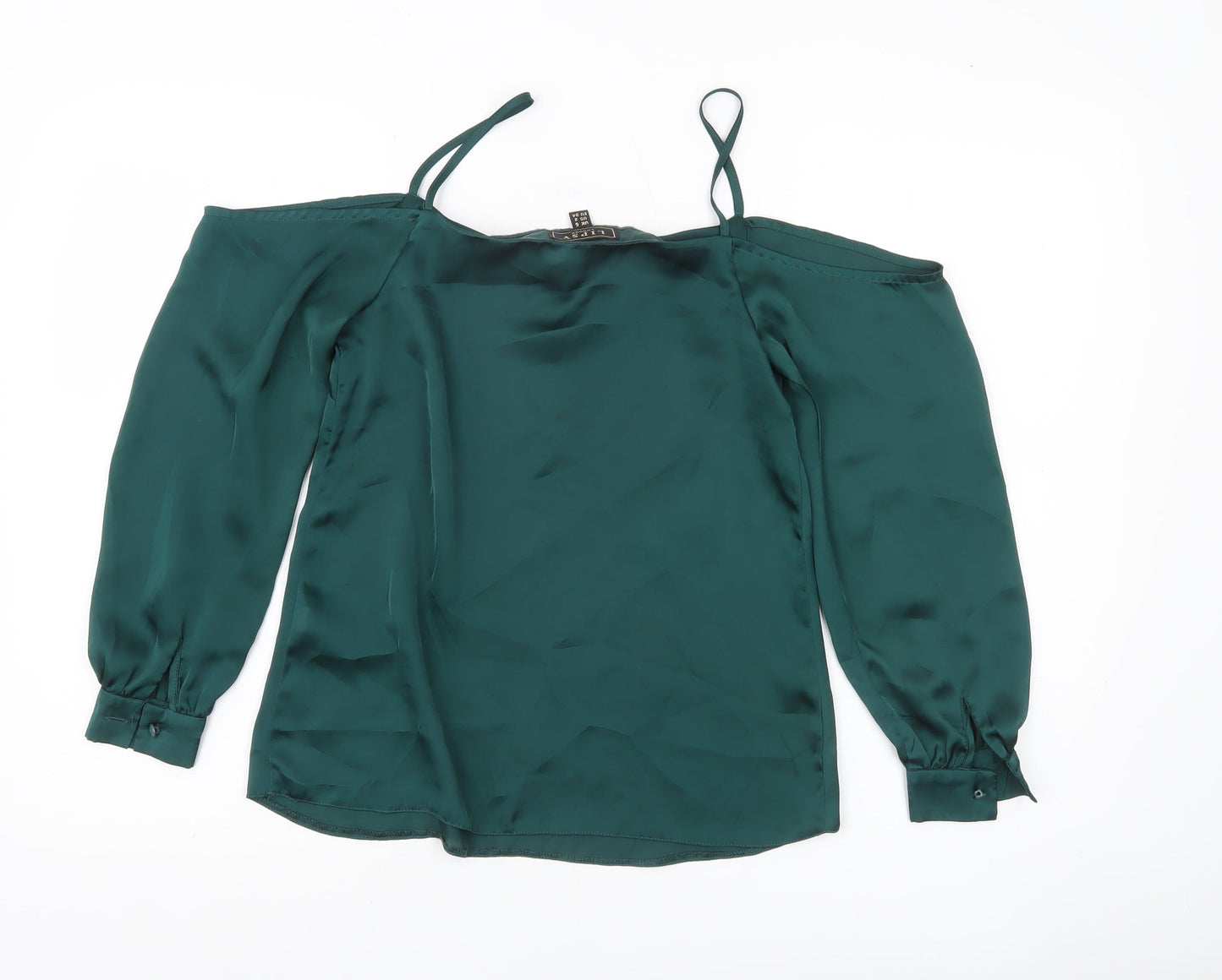 Lipsy Women Green UK 6 Cold Shoulder Satin Blouse V-Neck