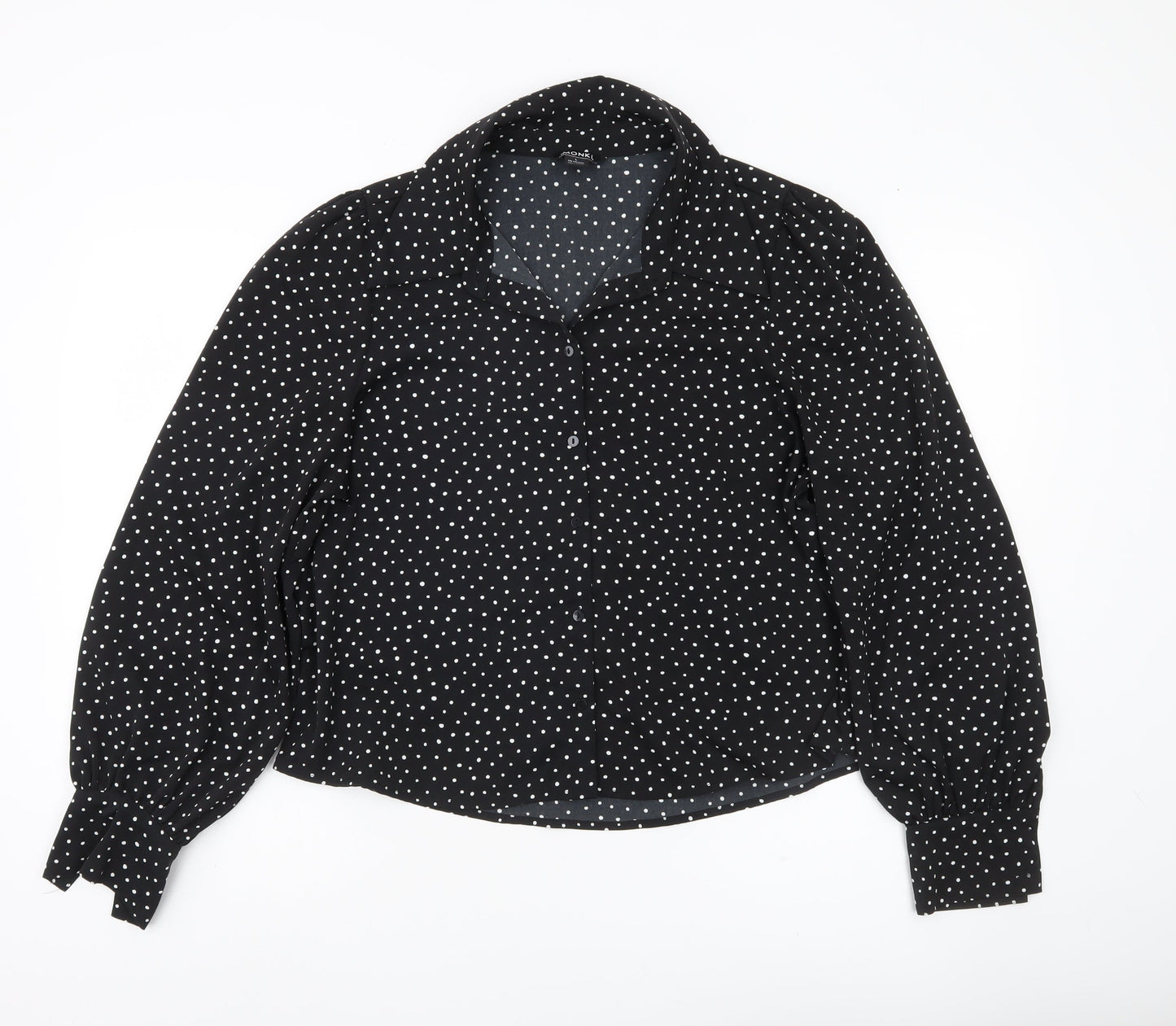 Monki Women’s Black Polka Dot Blouse Size 14 Collared Long Sleeve