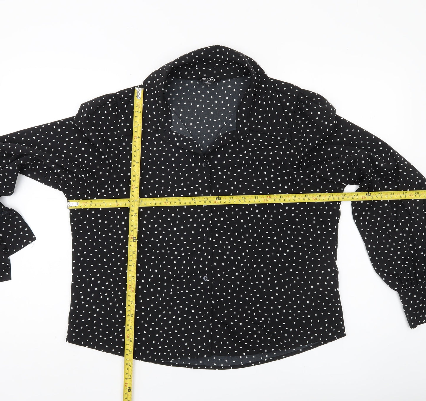 Monki Women’s Black Polka Dot Blouse Size 14 Collared Long Sleeve