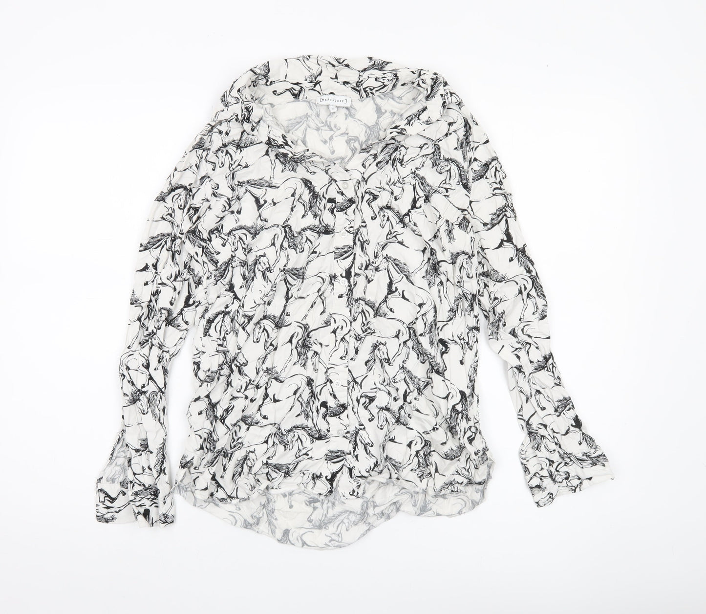 Warehouse Women’s White Horse Print Blouse UK 10 Long Sleeve Viscose
