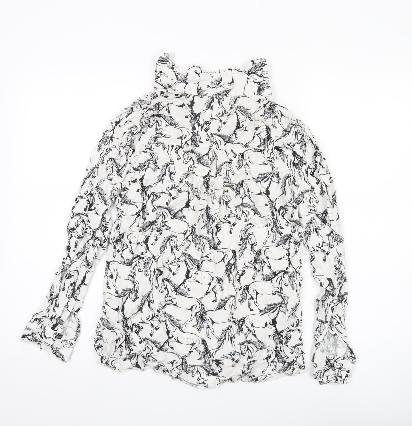 Warehouse Women’s White Horse Print Blouse UK 10 Long Sleeve Viscose