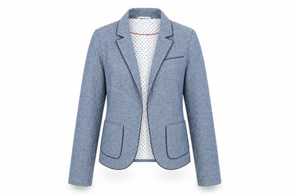 Front view of Atmosphere Women’s Blue Chambray Blazer, size UK 6, UK Single Breasted