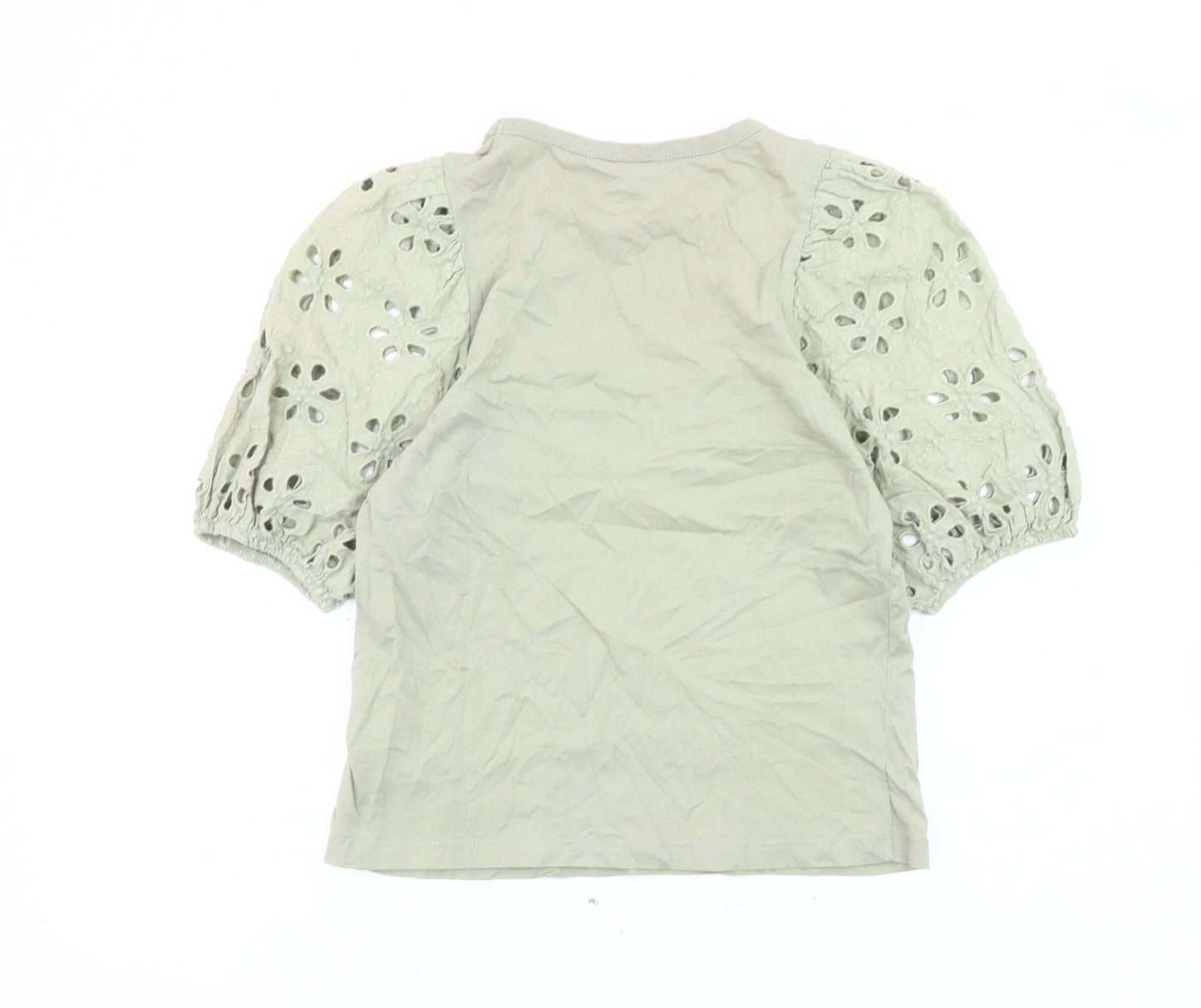 H&M Women Green XS Cotton Puff Sleeve Floral Blouse