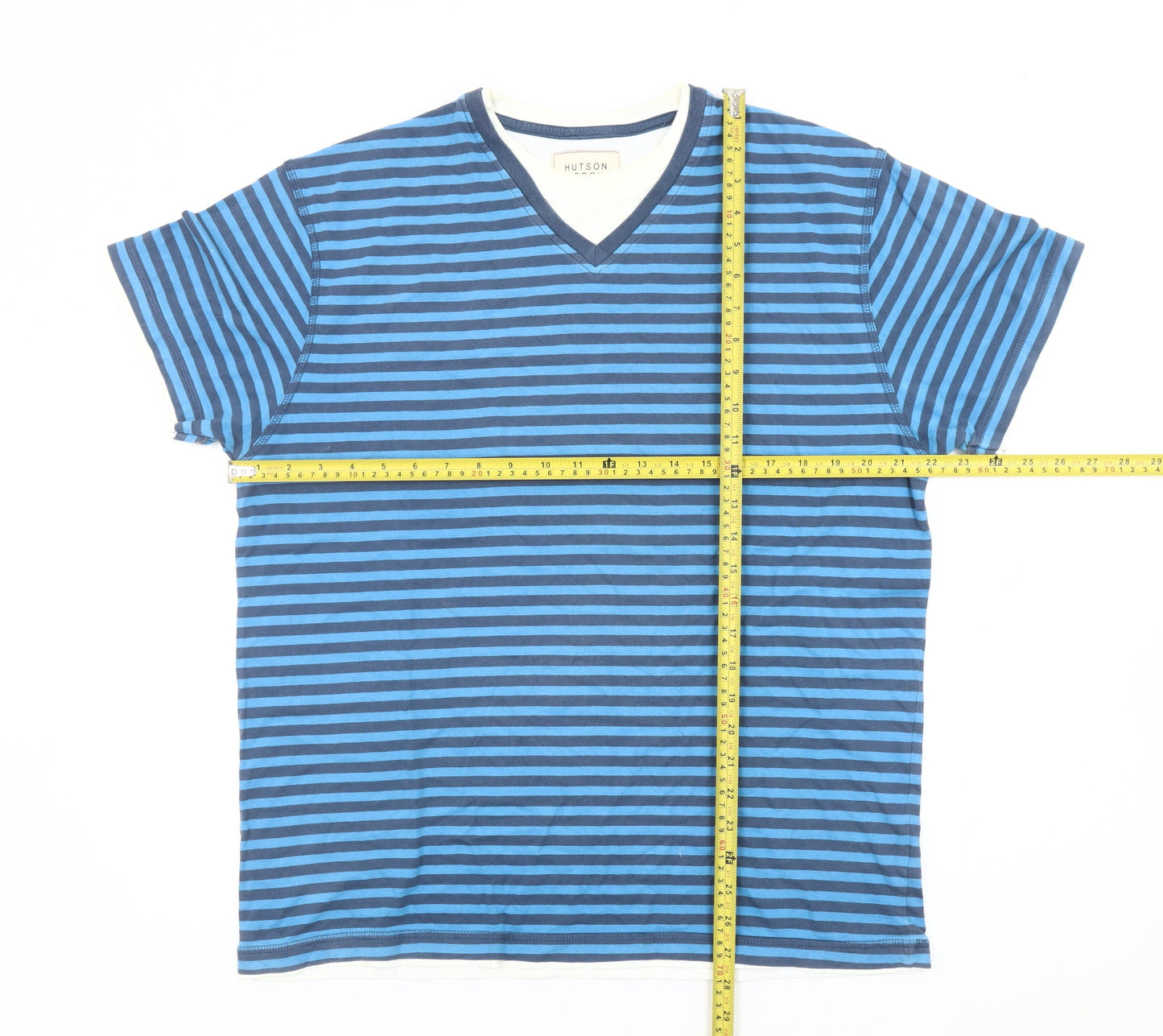 Hutson Harbour Men's Blue Striped Cotton V-Neck T-Shirt L