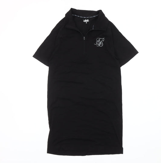 SikSilk Women Black M T-Shirt Dress Casual Zip Logo Short Sleeve