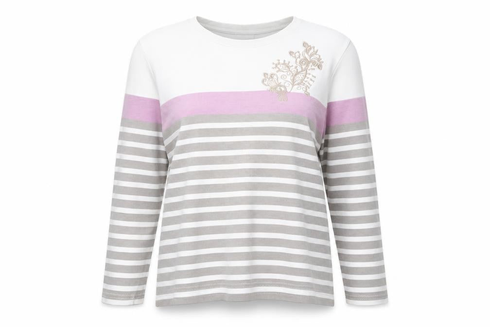 Damart Women’s White Grey Pink Striped Long Sleeve T-Shirt Size 10