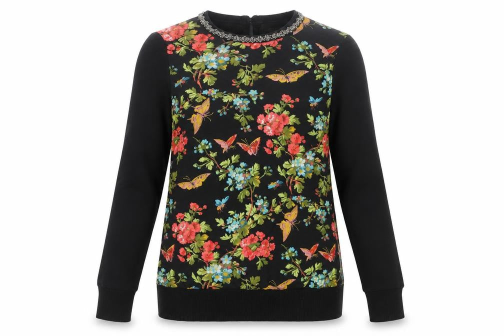Oasis Womens Black Floral Beaded Crew Neck Pullover Jumper Size S