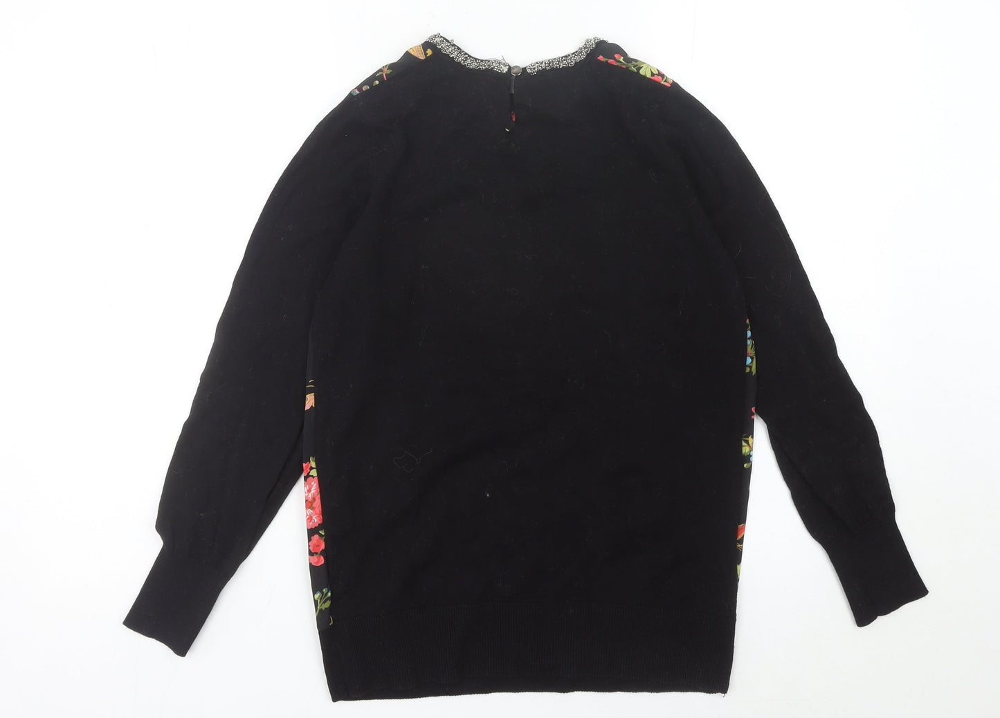 Oasis Womens Black Floral Beaded Crew Neck Pullover Jumper Size S