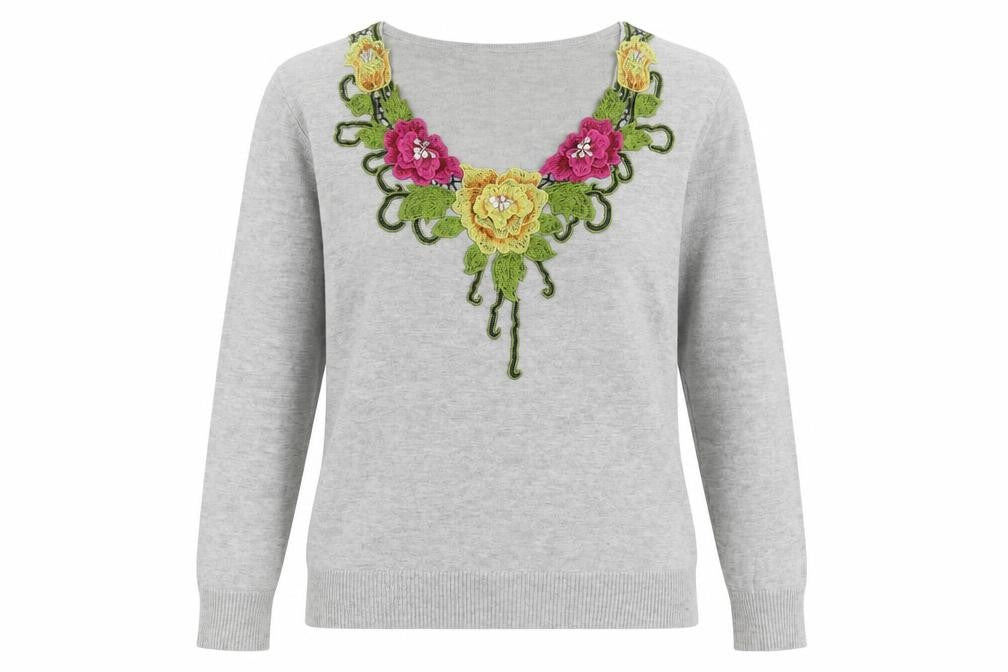Kaleidoscope Womens Grey Floral Embroidered V-Neck Jumper Size 12