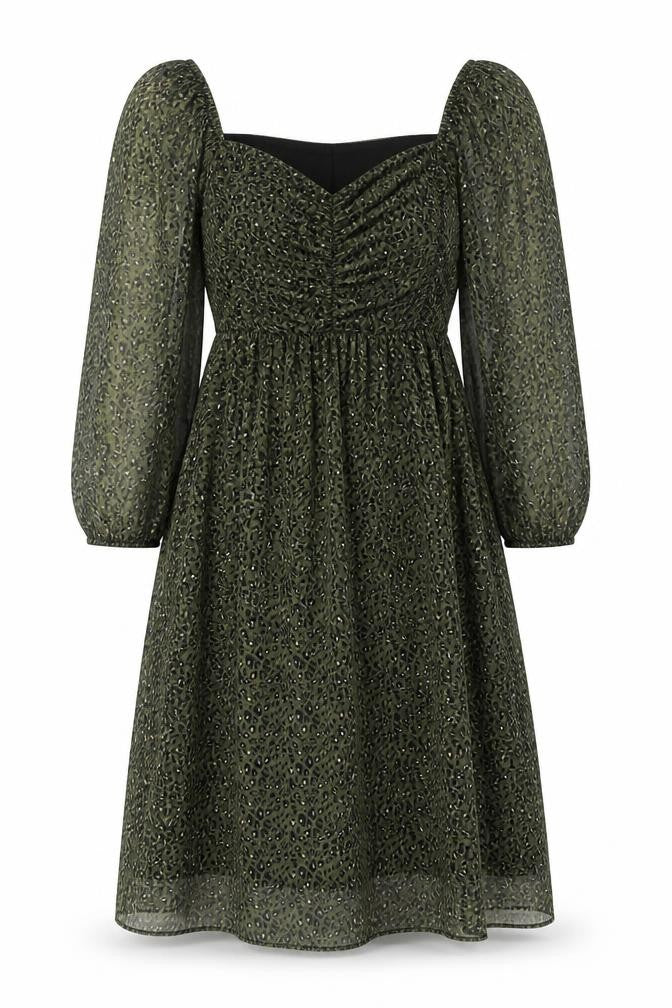 Claudia Collezioni Women's Green Leopard Print Puff Sleeve Dress S