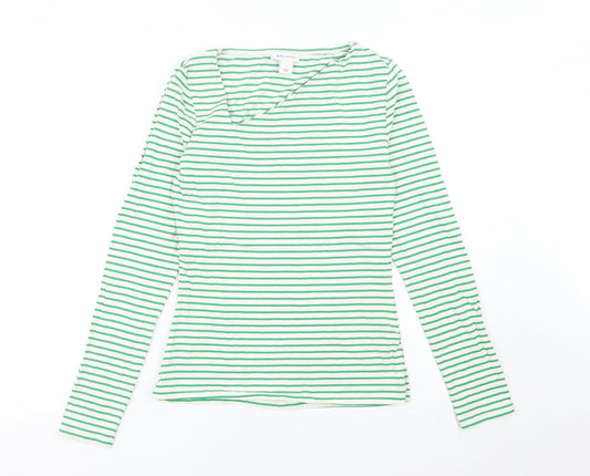 Warehouse Womens Green Striped Long Sleeve V-Neck T-Shirt Size S