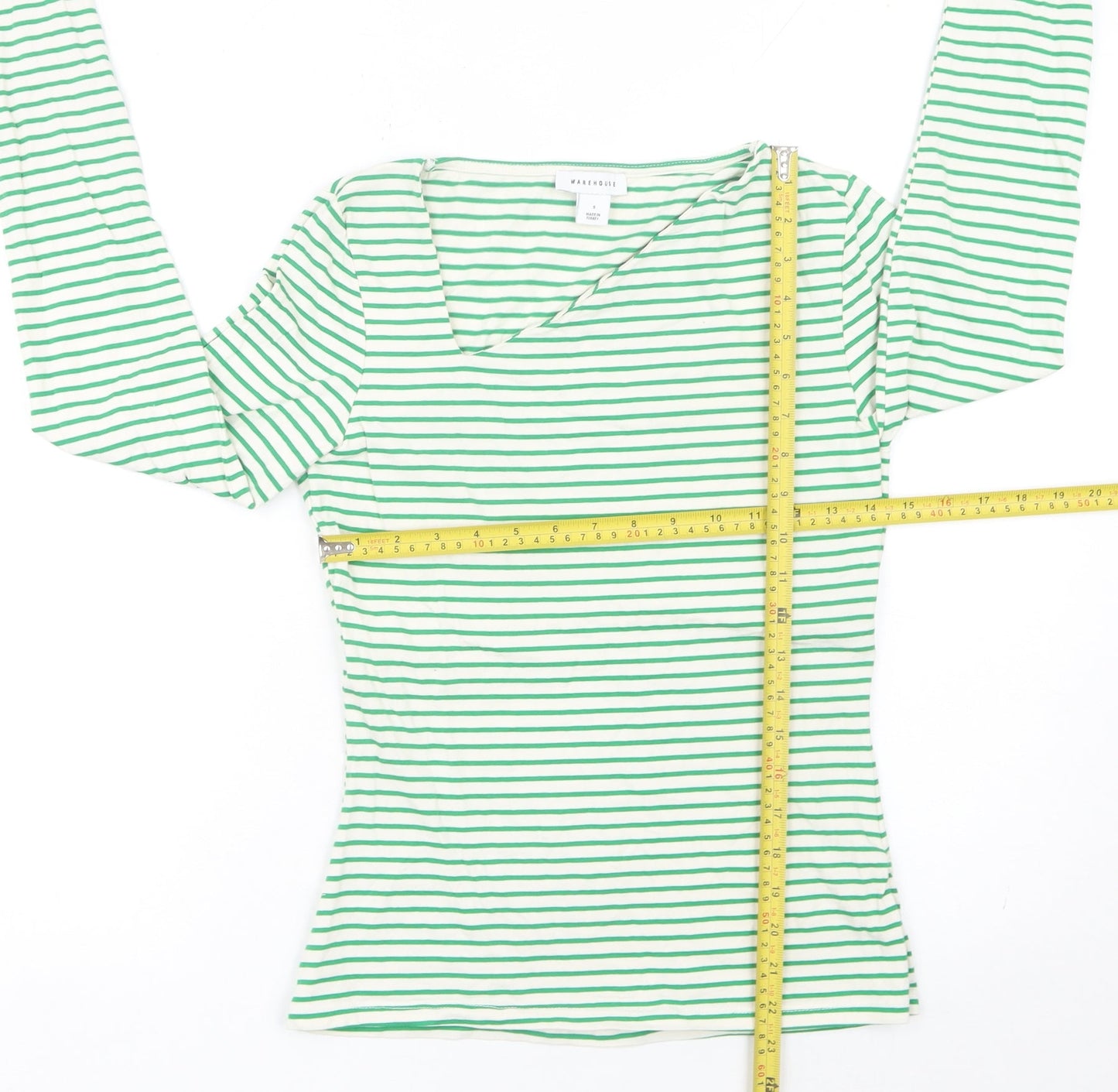 Warehouse Womens Green Striped Long Sleeve V-Neck T-Shirt Size S