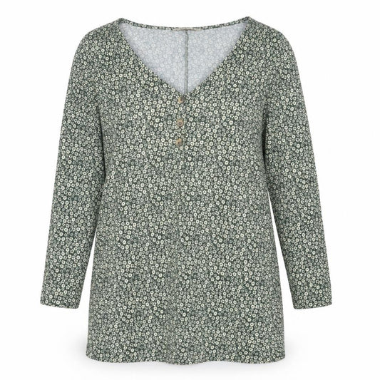 Pull&Bear Womens Green Floral Shift Mini Dress Size 14 V-Neck Long Sleeve