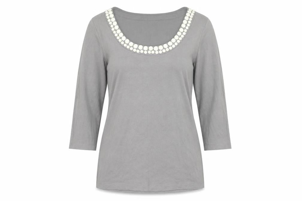 L.K. Bennett Womens Grey Scoop Neck Beaded 3/4 Sleeve Top Size M