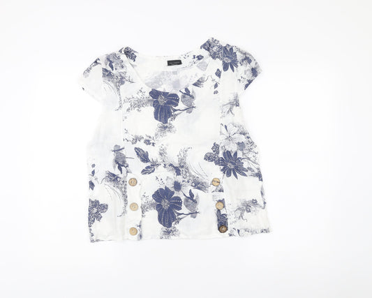 Luca Vanucci Womens White Linen Floral Blouse Size S Scoop Neck