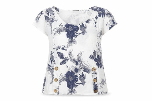 Luca Vanucci Womens White Linen Floral Blouse Size S Scoop Neck