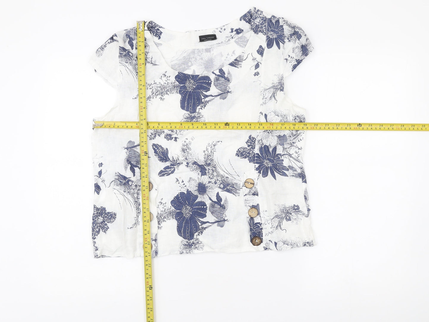 Luca Vanucci Womens White Linen Floral Blouse Size S Scoop Neck