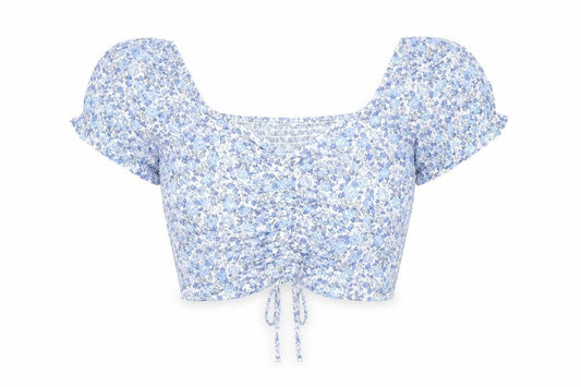 Hollister Womens Blue Floral Cropped Square Neck Puff Sleeve Blouse M