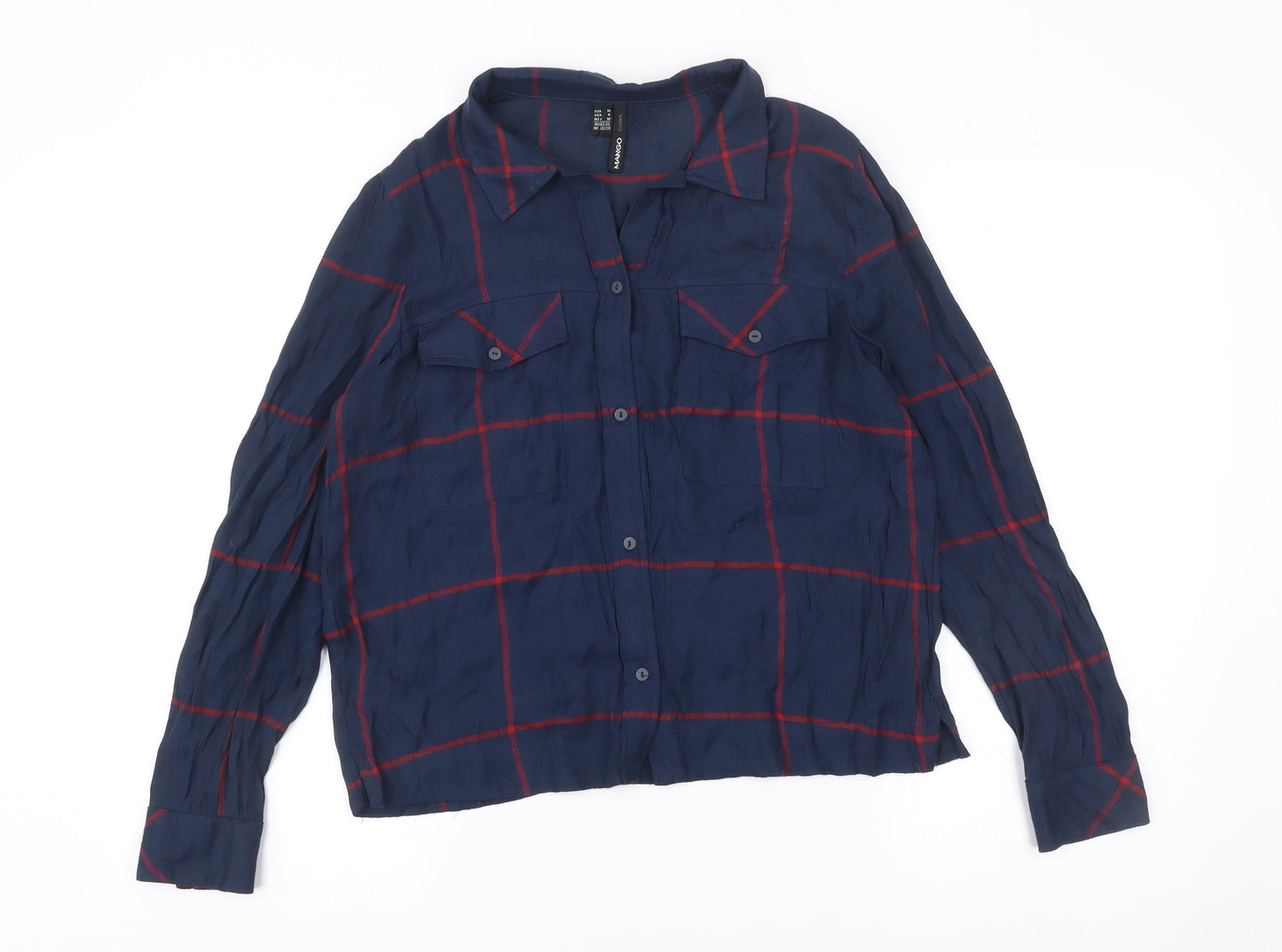 Mango Women’s Blue Checked Button-Up Shirt Size M Viscose Casual