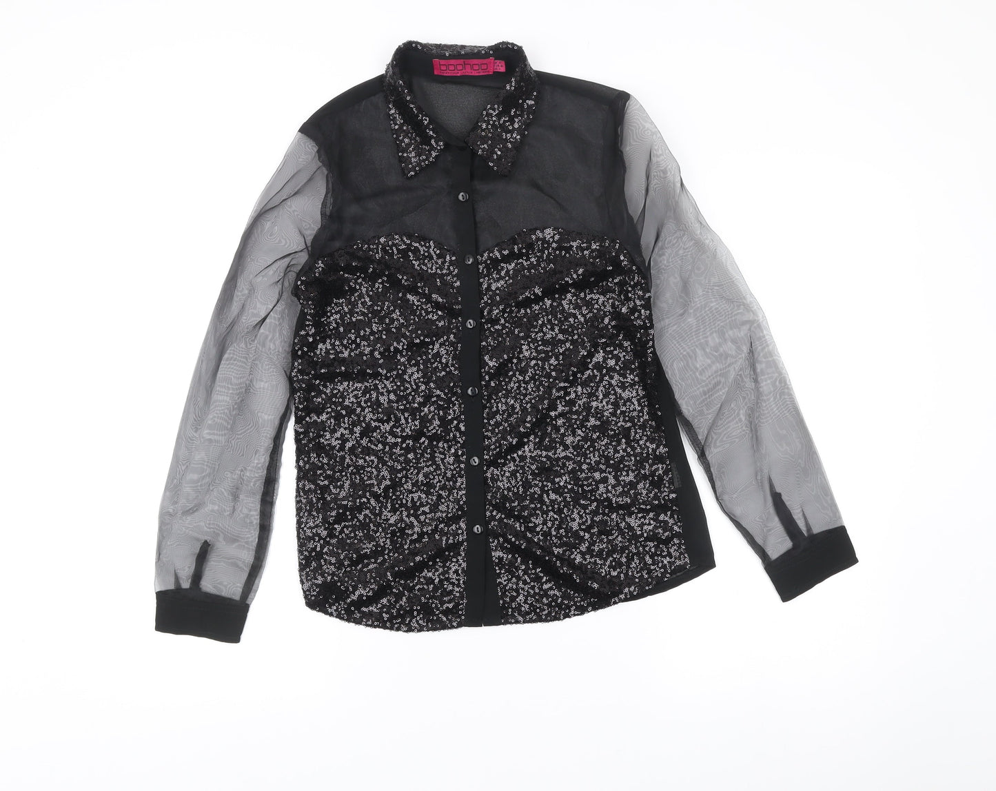 Boohoo Womens Black Sequin Sheer Long Sleeve Button-Up Blouse Size 8