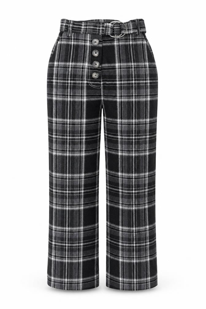 Topshop Women Black Plaid Cropped Trousers Size 6 Straight Leg