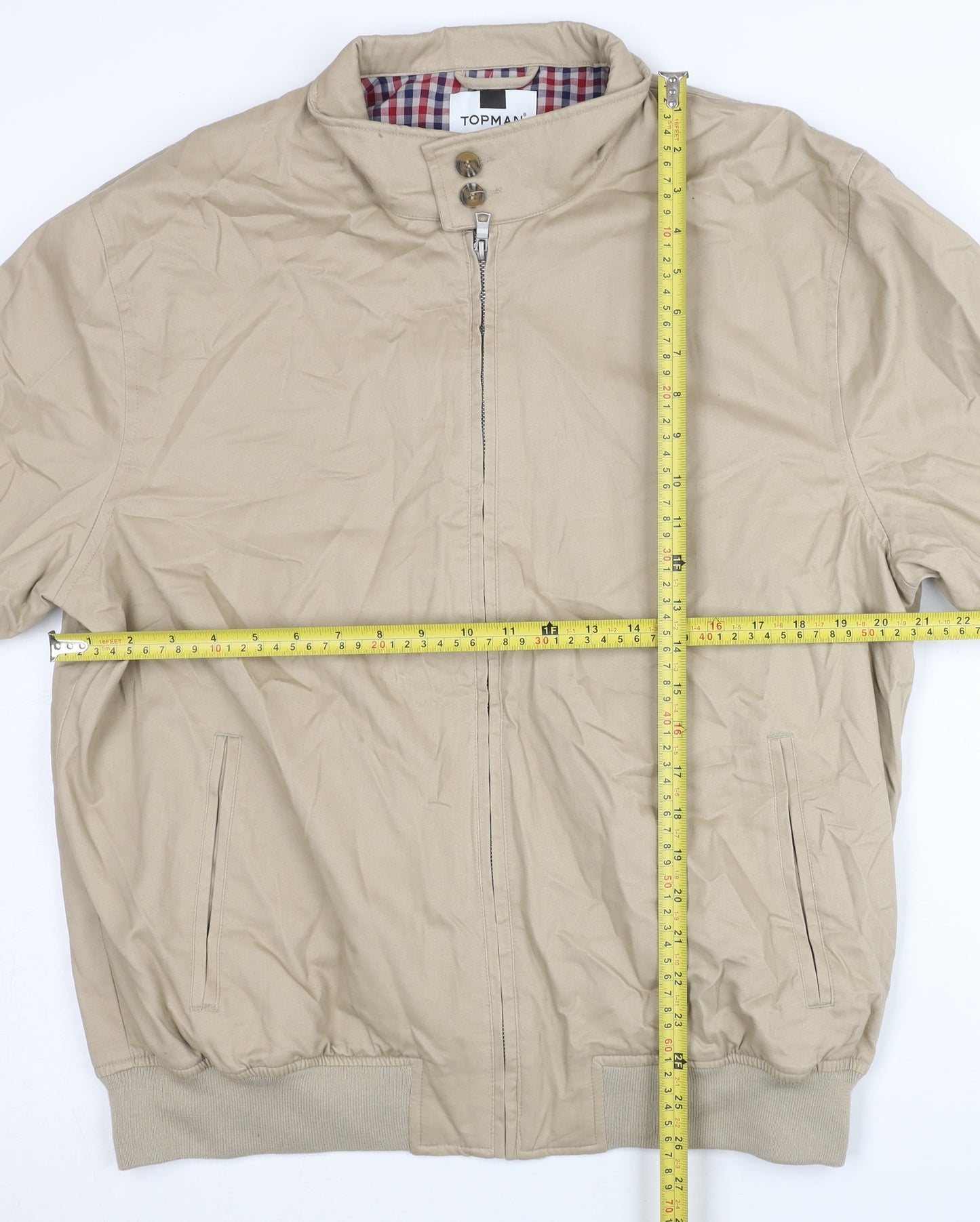 Topman Men's Beige XL Bomber Jacket Cotton Casual Zip Stand Collar
