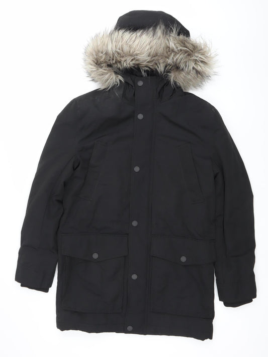H&M Womens Black XS Parka Coat Faux Fur Hood Winter Jacket