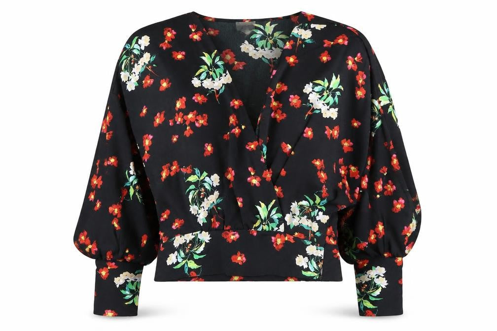 Front view of ASOS Women’s Black Floral Kimono Blouse, size UK 4, Balloon Sleeve