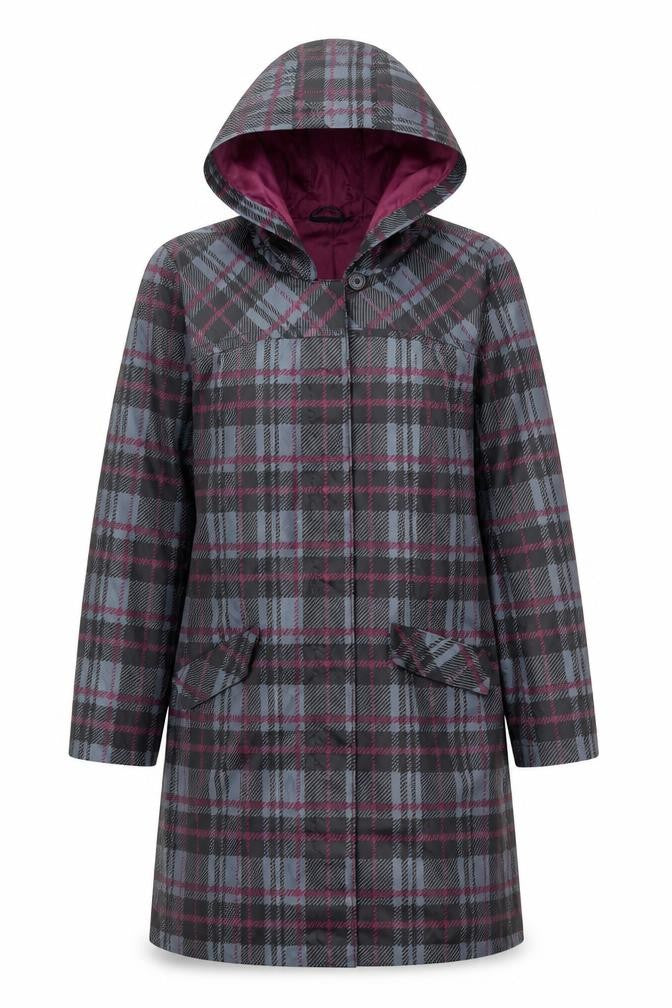 Esmara Womens Grey Plaid Rain Coat Hooded Long UK 10 Polyester