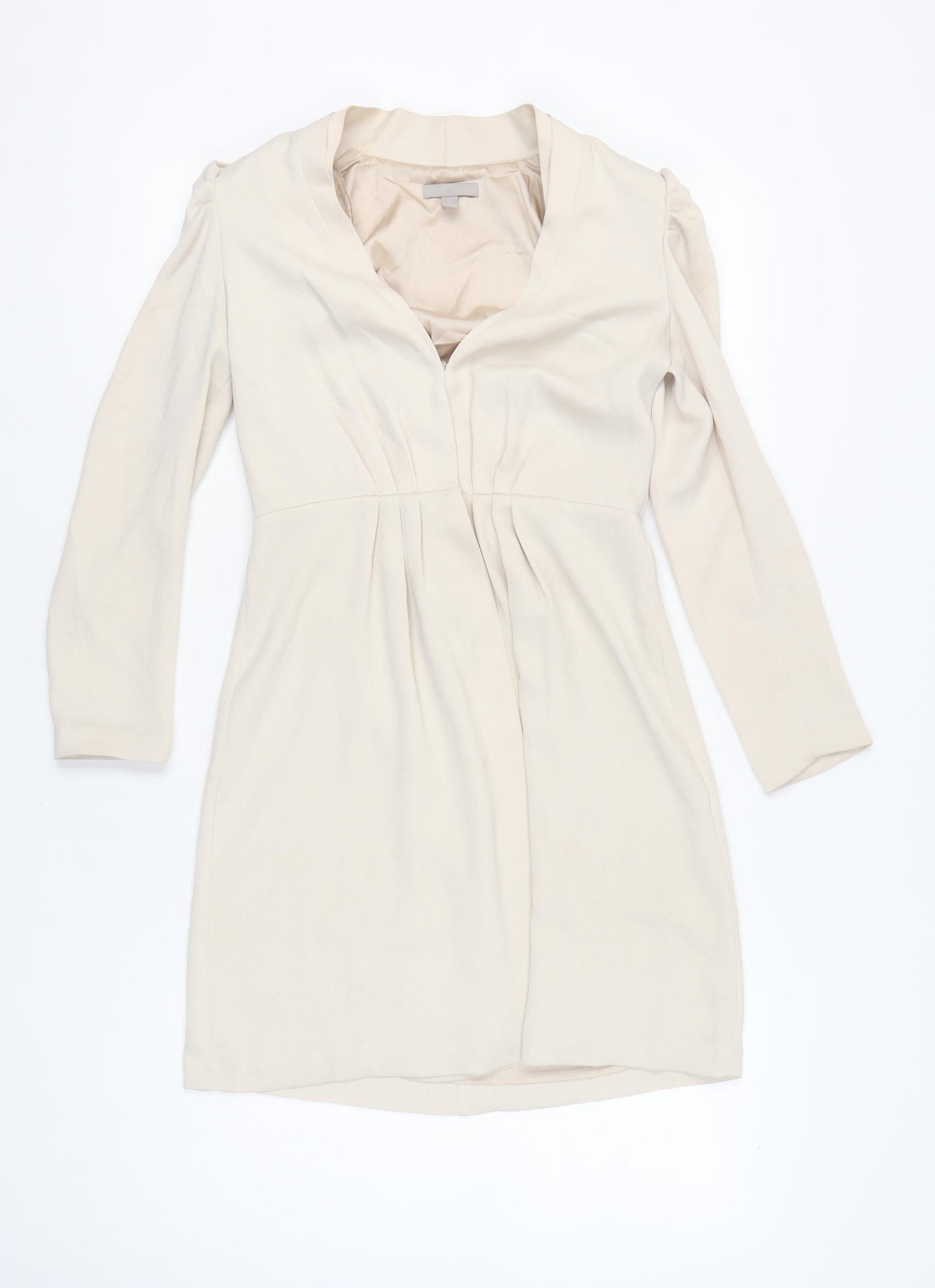 H&M Women Beige Sheath Dress Size 8 Puff Sleeve V-Neck