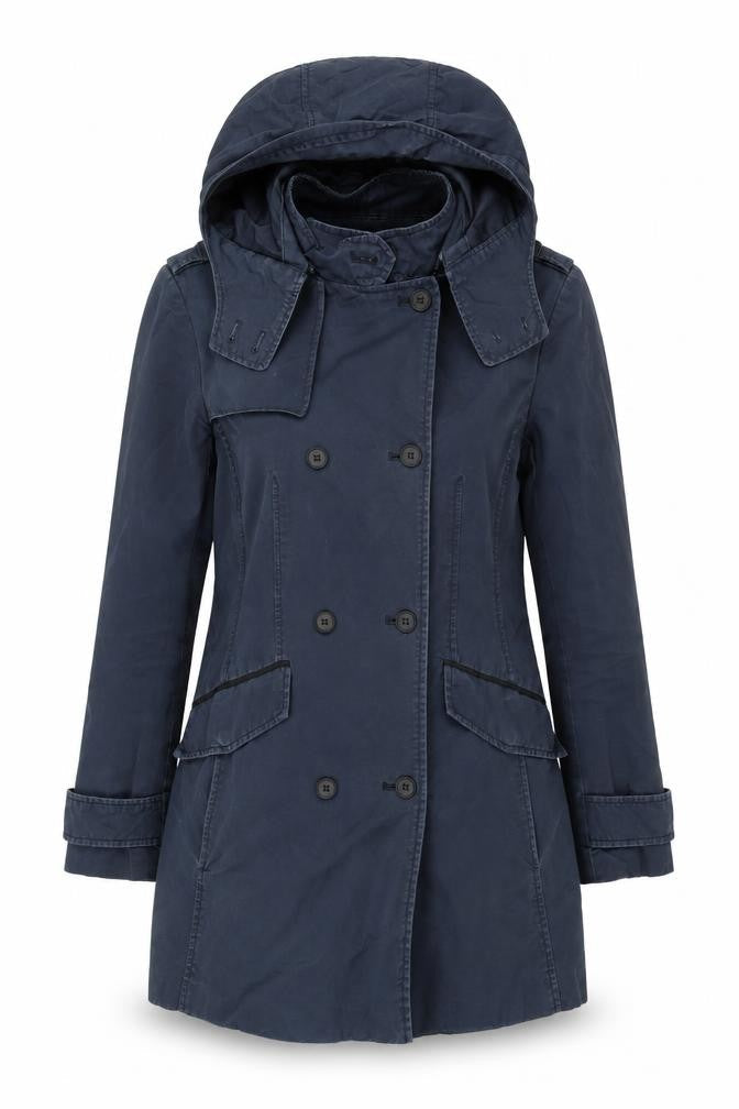 Zara Women’s Blue Cotton Trench Coat Hooded Size S
