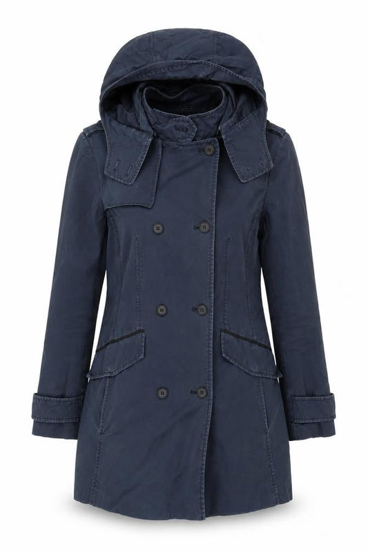 Zara Women’s Blue Cotton Trench Coat Hooded Size S