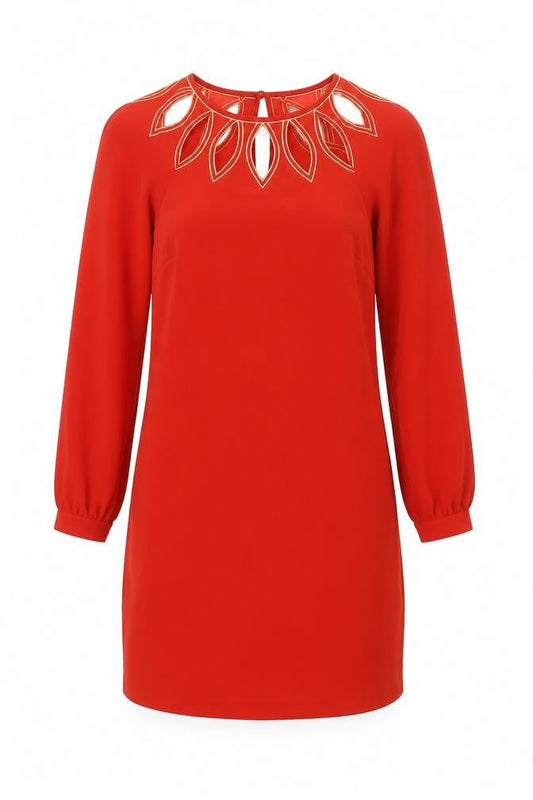 Warehouse Women’s Red Shift Dress Size 8 Embroidered Long Sleeve Party