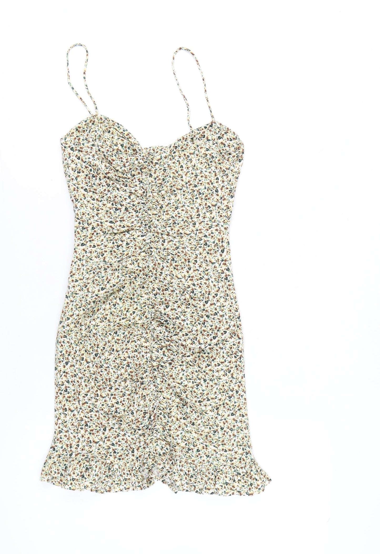 Zara Womens Multicoloured Floral Slip Dress Size 8 Ruched Ruffle Hem