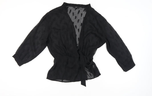 Next Women Black Wrap Chiffon Blouse Size 8 V-Neck 3/4 Sleeve