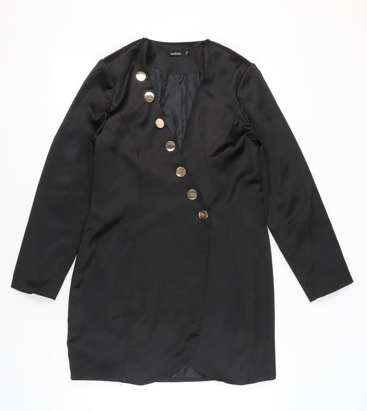 Boohoo Women Black Size 14 Shift Mini Dress Long Sleeve V-Neck