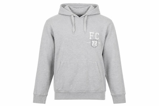Front view of French Connection men’s grey pullover hoodie, size M, logo graphic