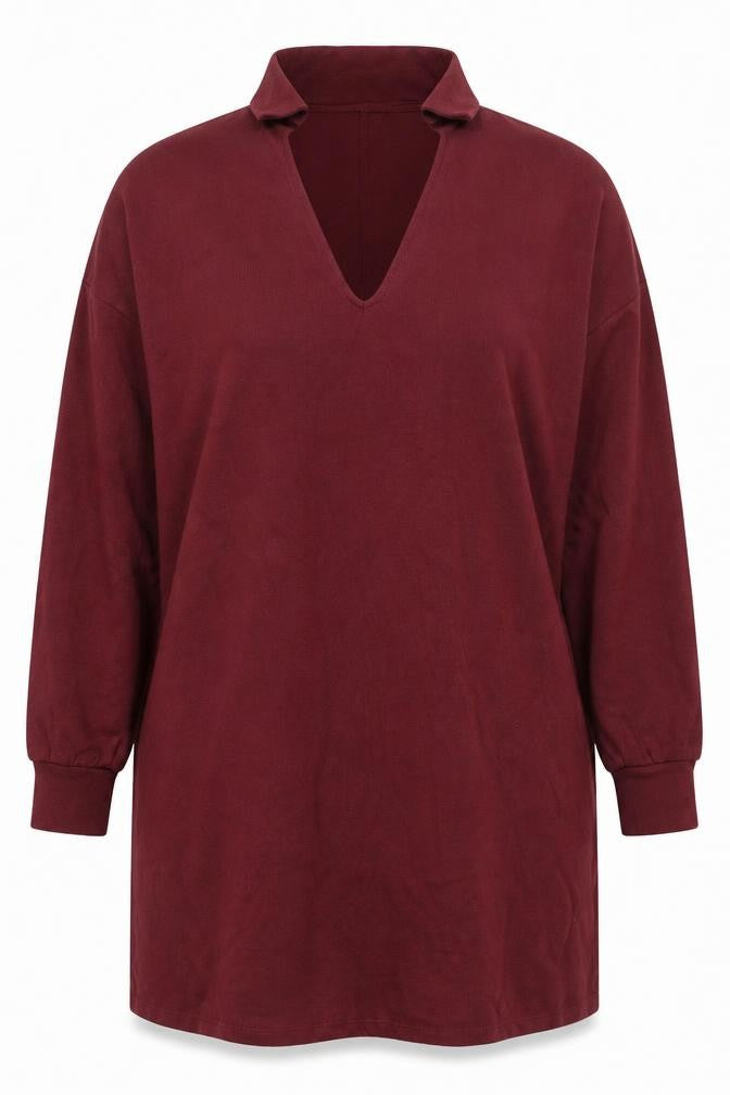 Front view of ASOS Women’s Red Shift Knee Length Dress, size UK 16, Long Sleeve V-Neck