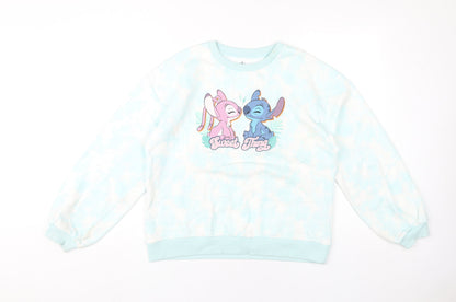 Front view of Disney girls’ blue stitch sweatshirt 11-12y pullover long sleeve casual