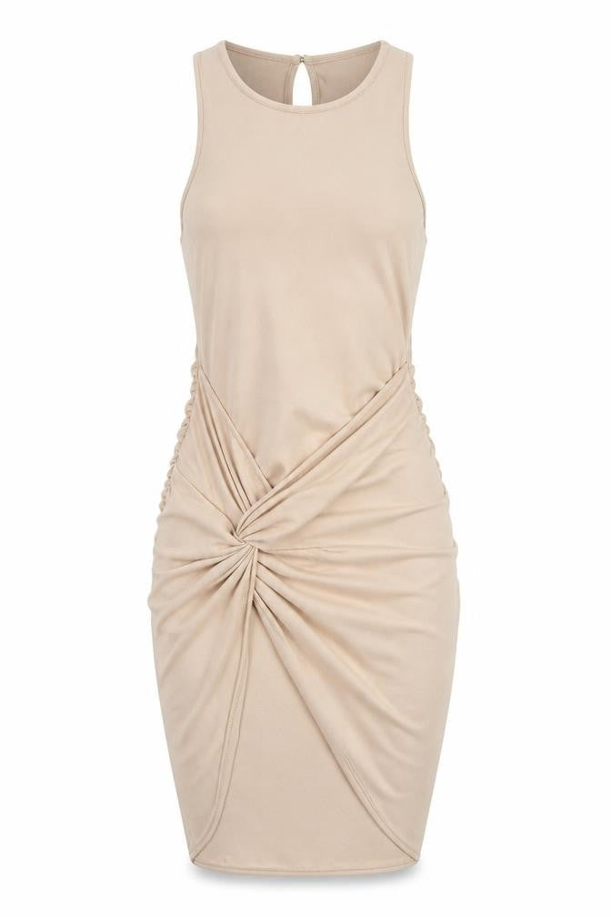 Front view of ASOS Design Women’s Beige Bodycon Short Dress, size UK 12, Ruched Sleeveless