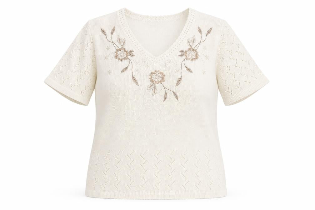 Damart Womens Ivory Floral Embroidered Knit T-Shirt Size 14