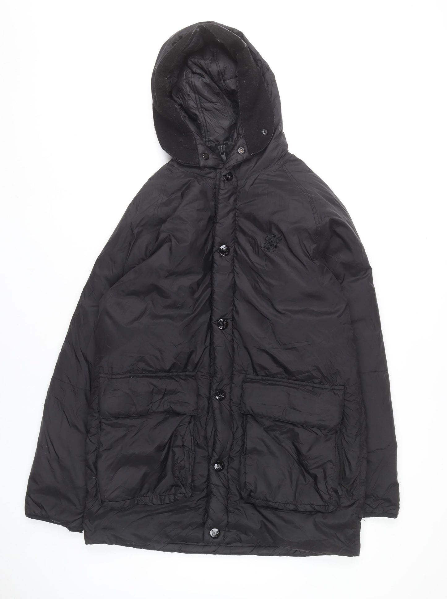 SikSilk Men’s Black Nylon Puffer Jacket Hooded Size M Casual Winter