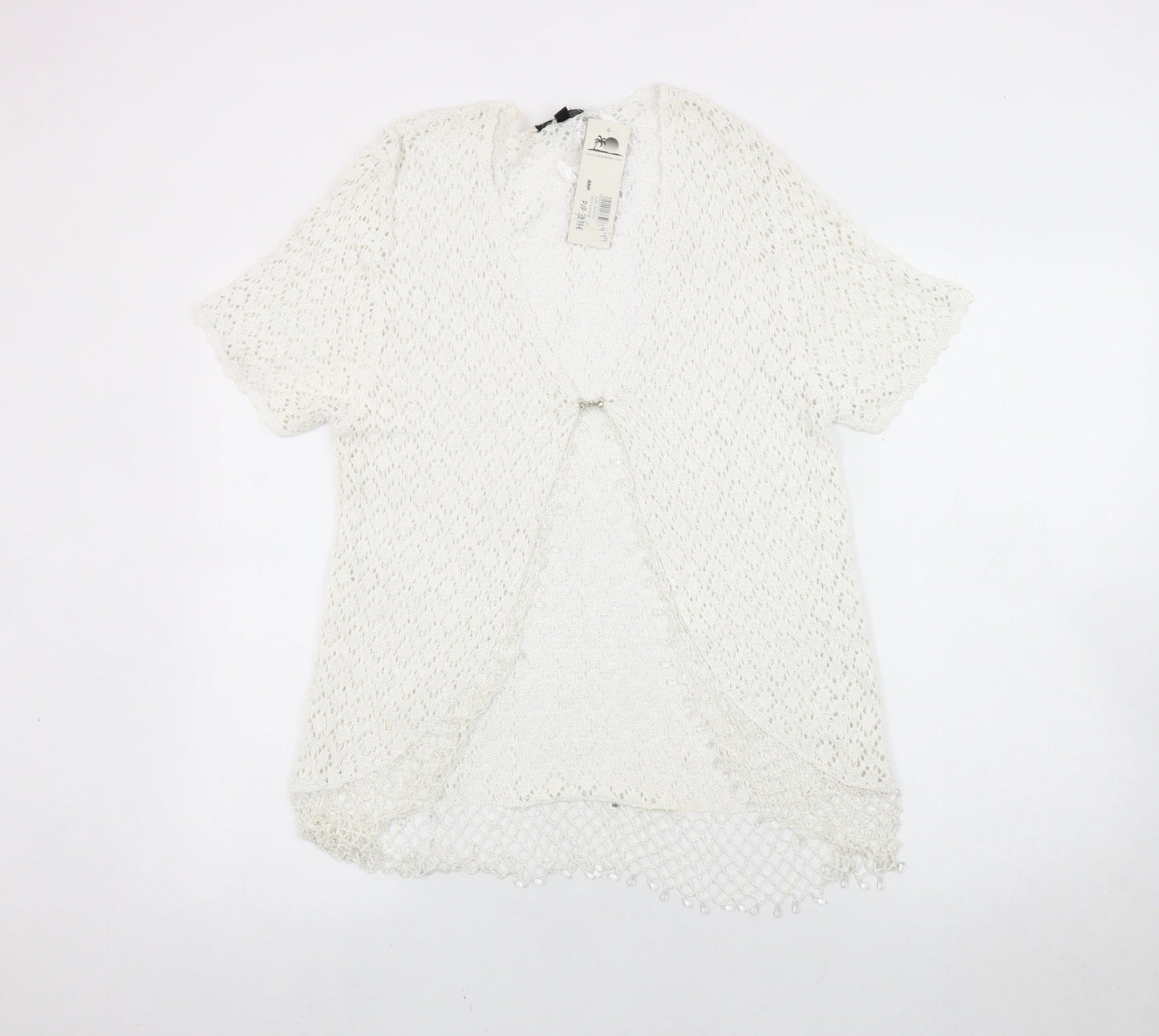 Al Paradise Women White L Open-Knit Beaded Short Sleeve Cardigan