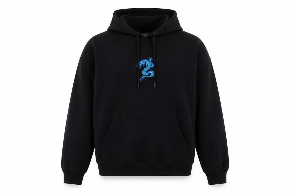Monki Unisex Black Hoodie M Pullover Embroidered Dragon Cotton Blend