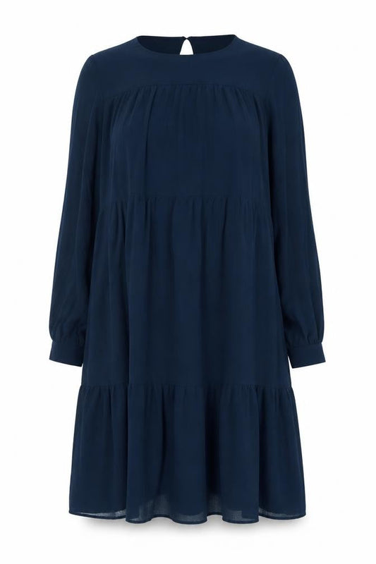 Mango Women Blue Midi Shift Dress Size 10 Long Sleeve V-Neck