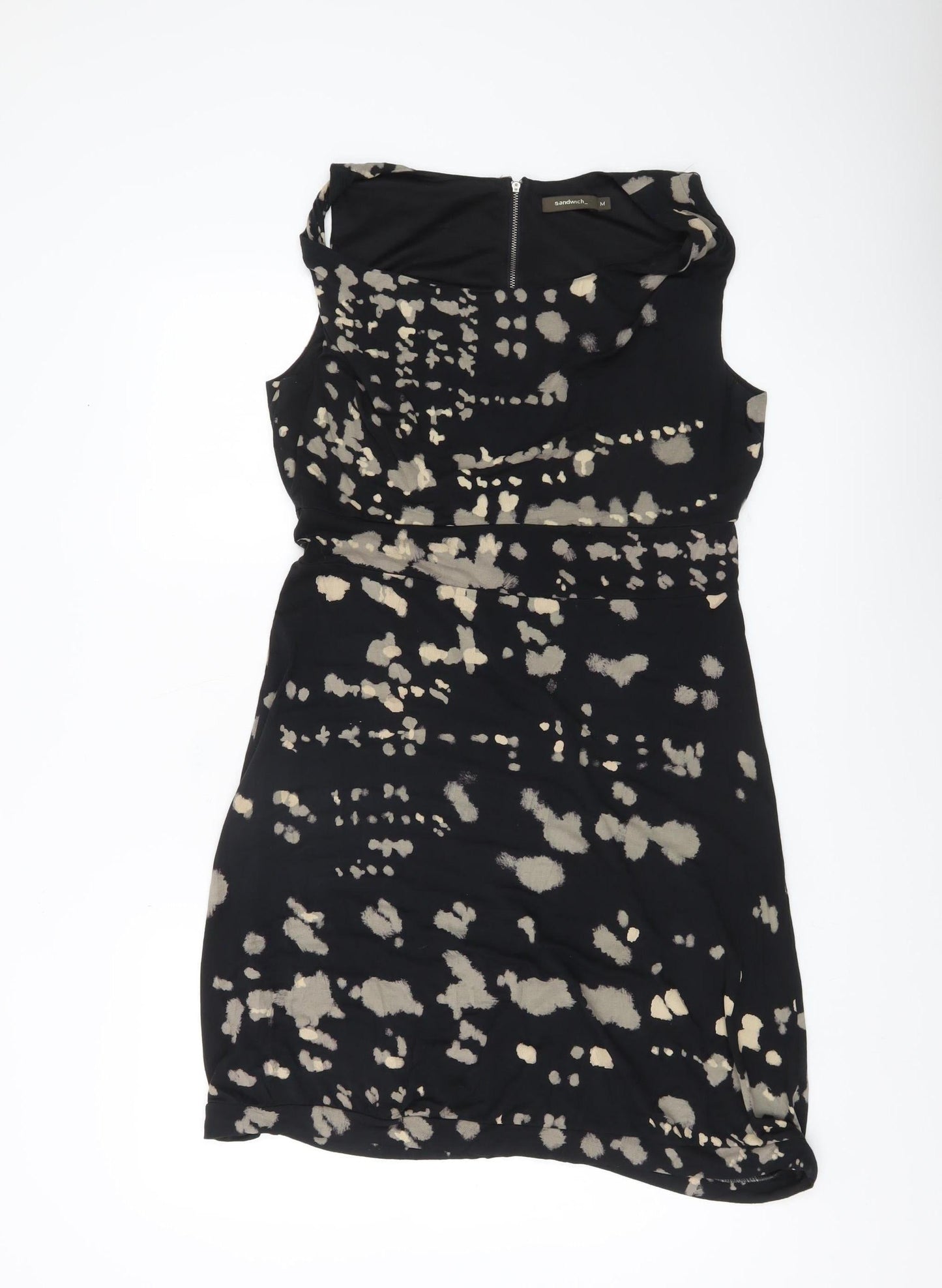 Sandwich Womens Black Beige Animal Print Sheath Dress M Cowl Neck Sleeveless