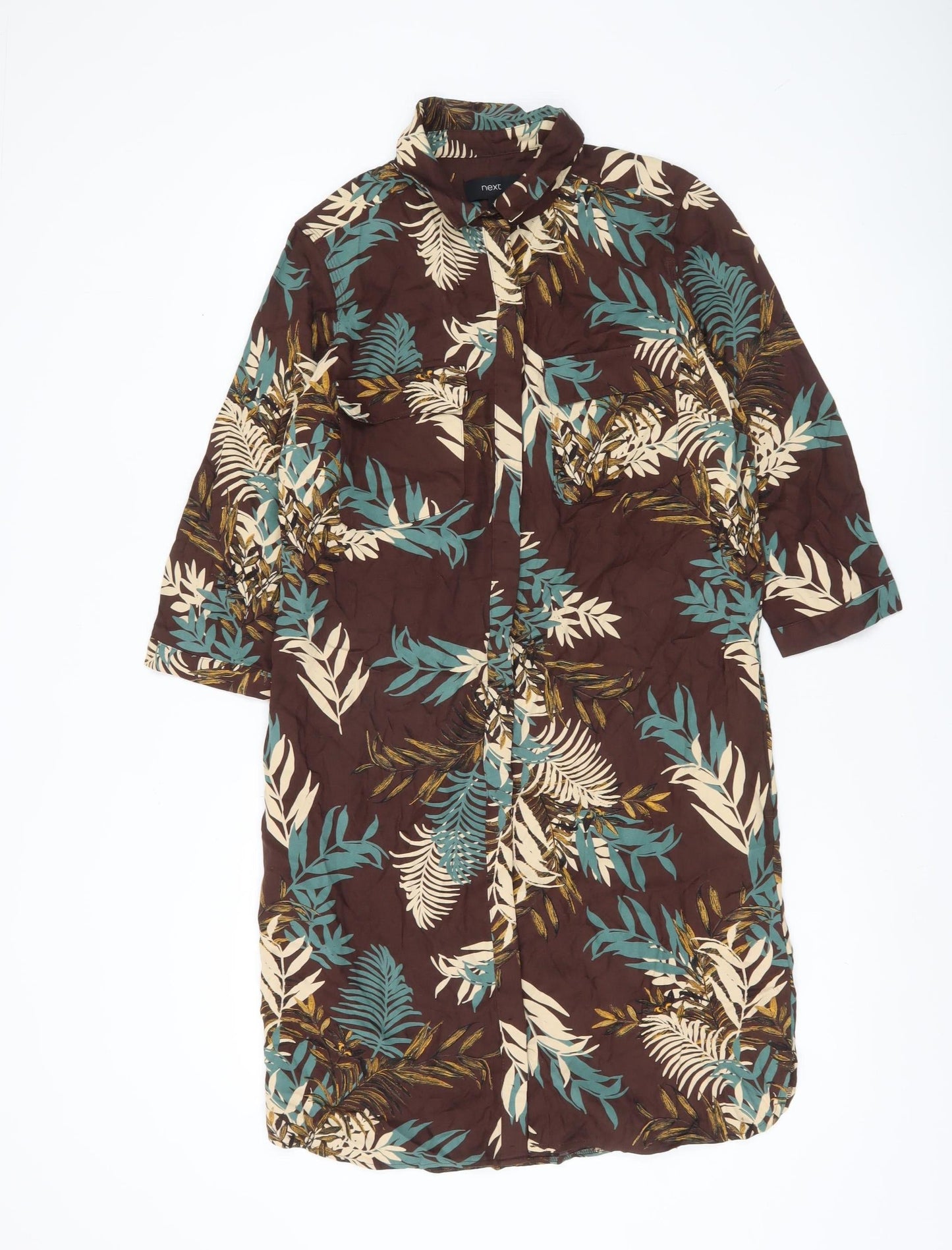 Next Womens Brown Green Floral Button-Up Tunic Shirt Dress UK 10